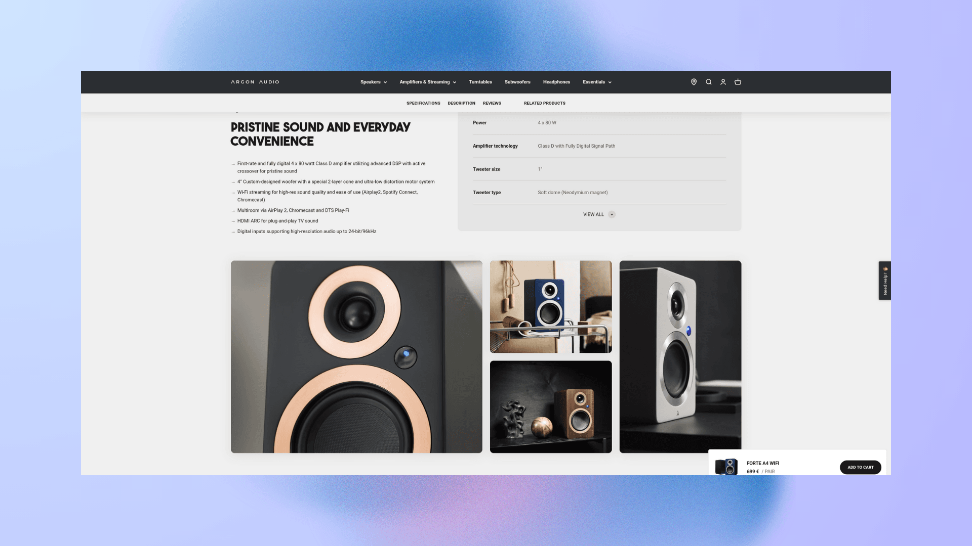 Premium audio ecommerce experience balancing technical depth with a refined presentation